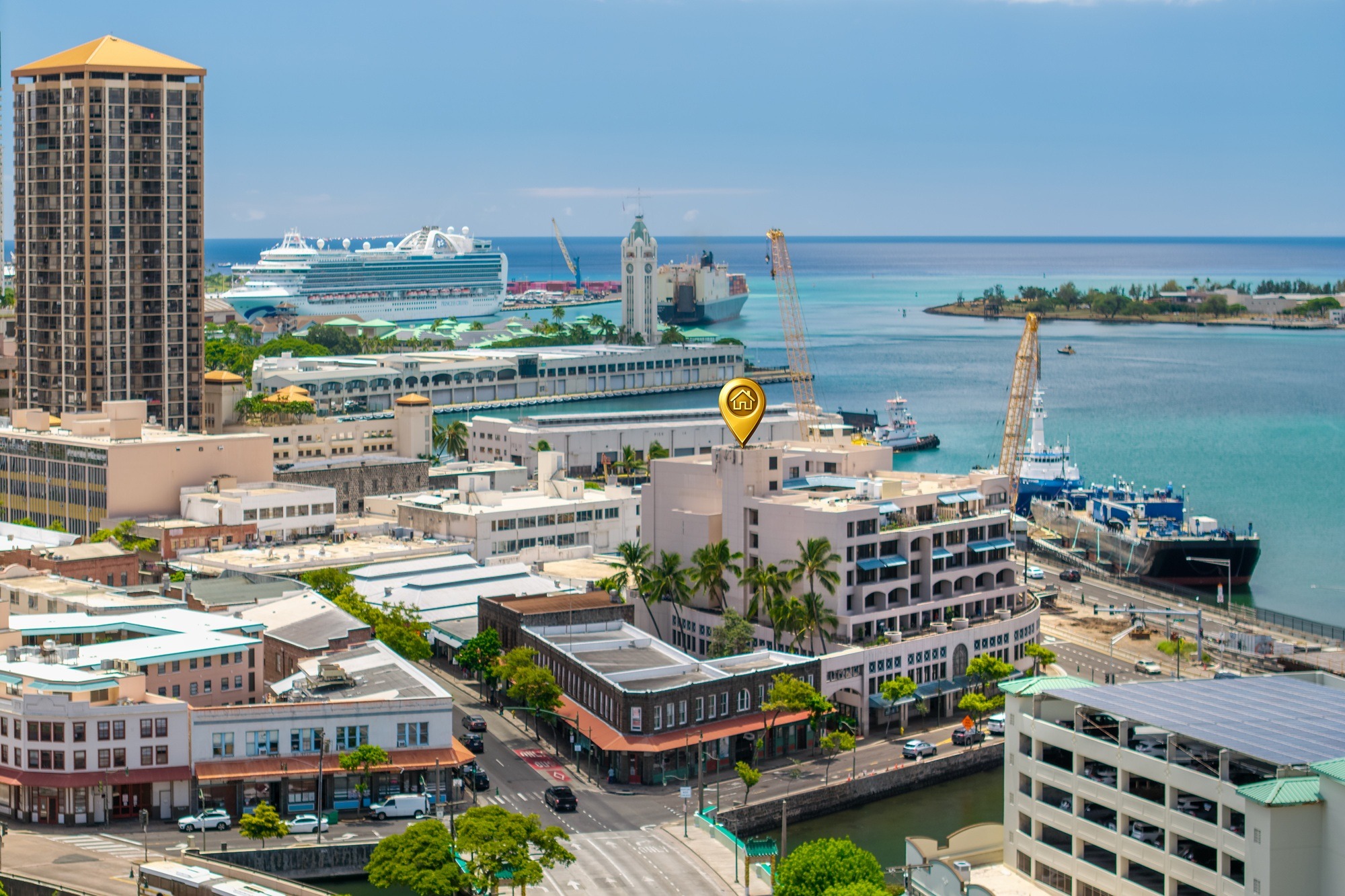 A cityscape with a large body of water and a cruise ship in the distance.