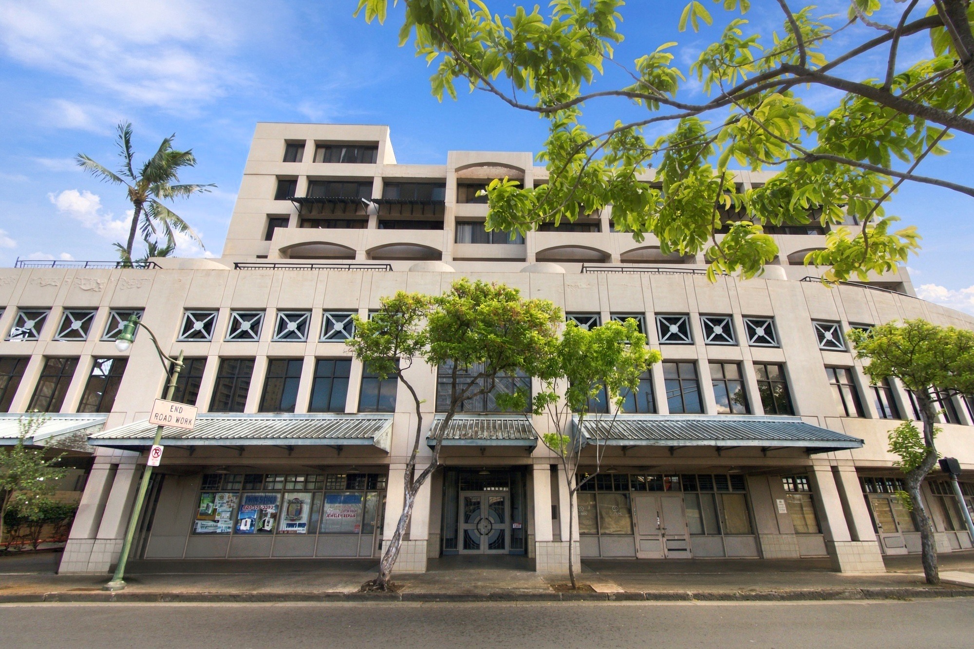 A large building with a green tree in front of it.