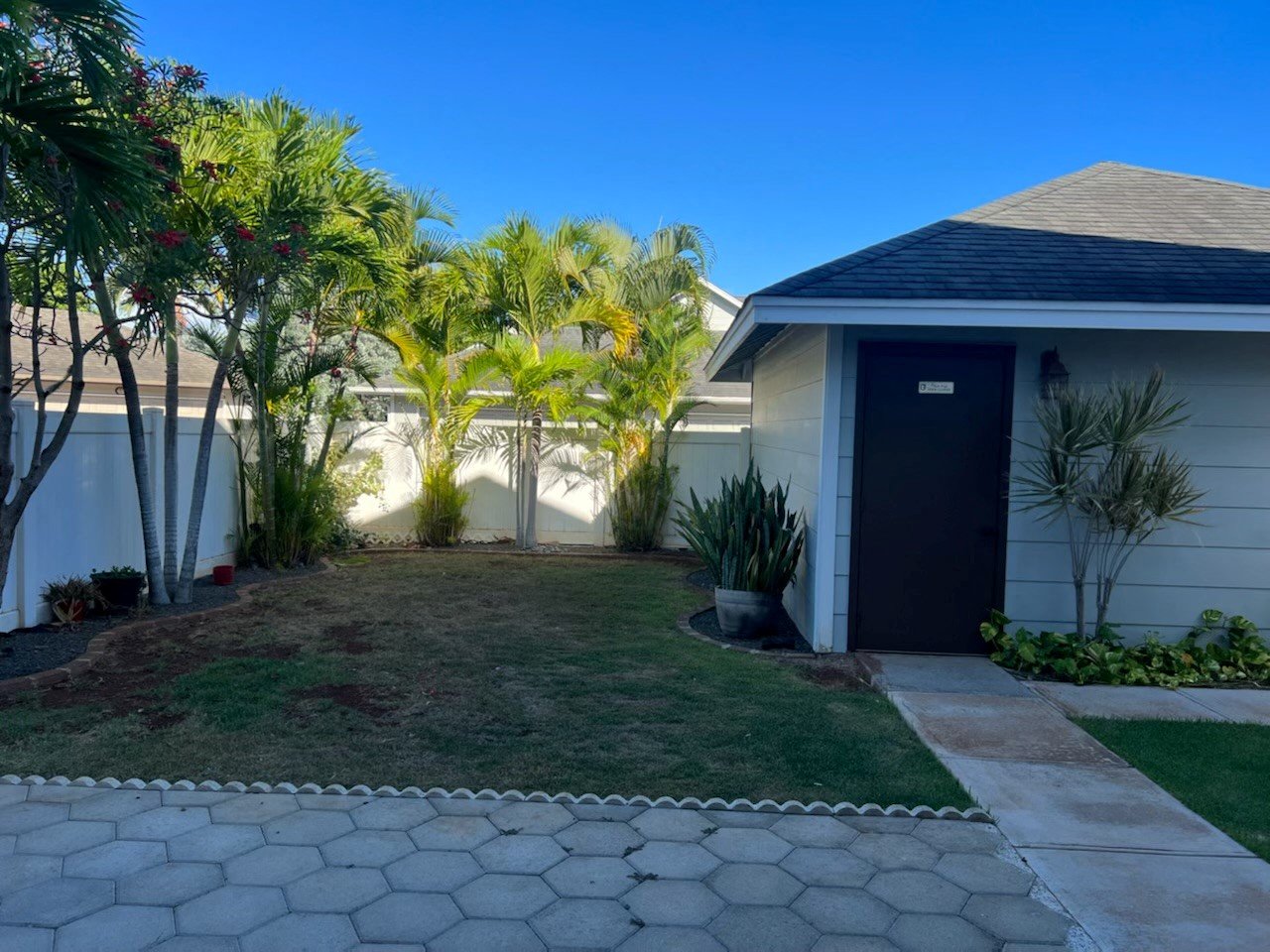 the front yard of a house with palm trees