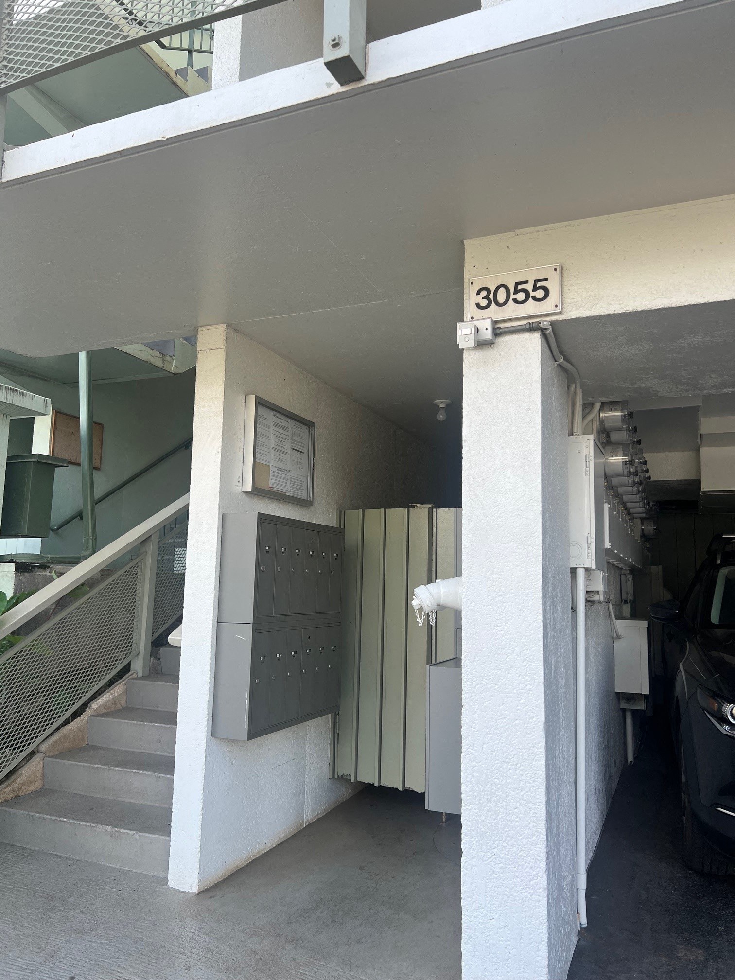 the entrance to a building with stairs