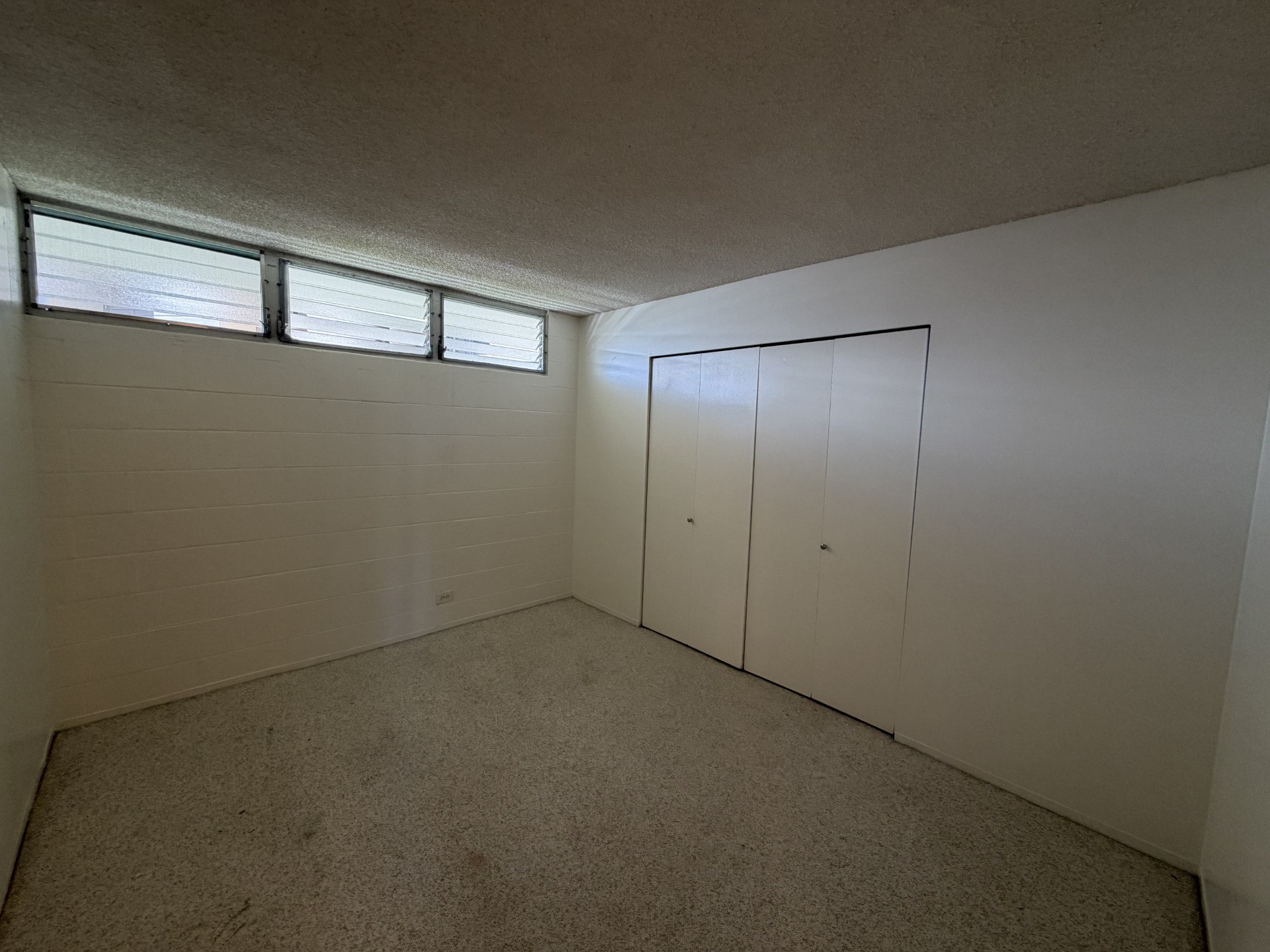 A room with a carpeted floor and two white doors.