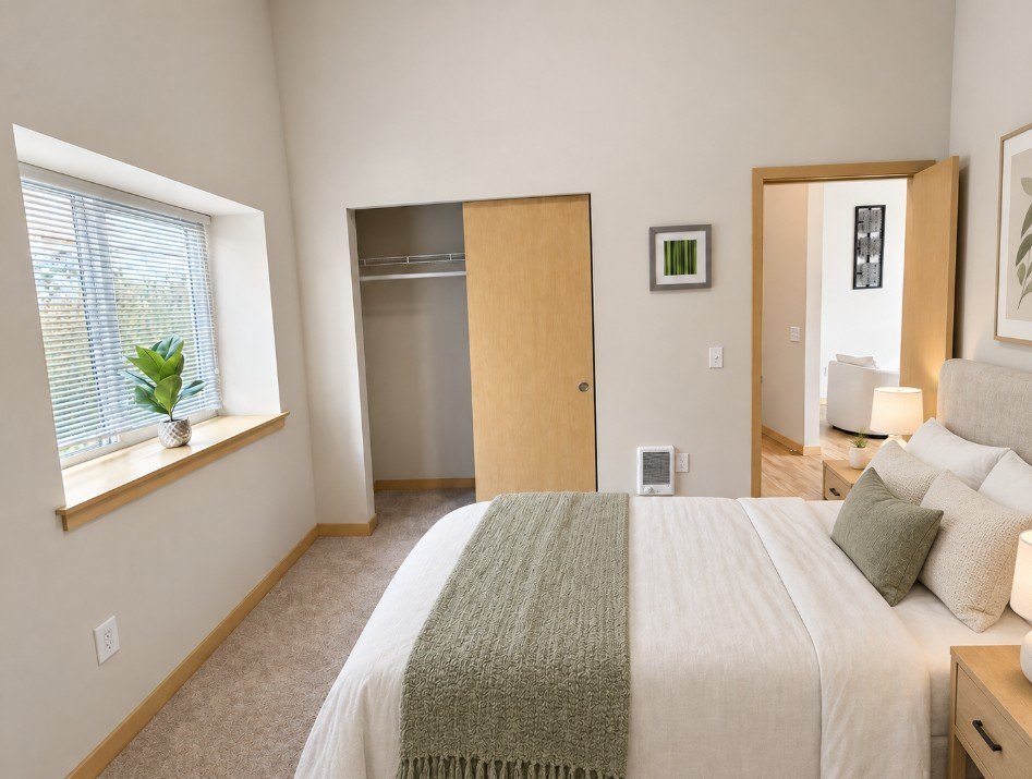 A bedroom with a bed, a window, a door, and a lamp.