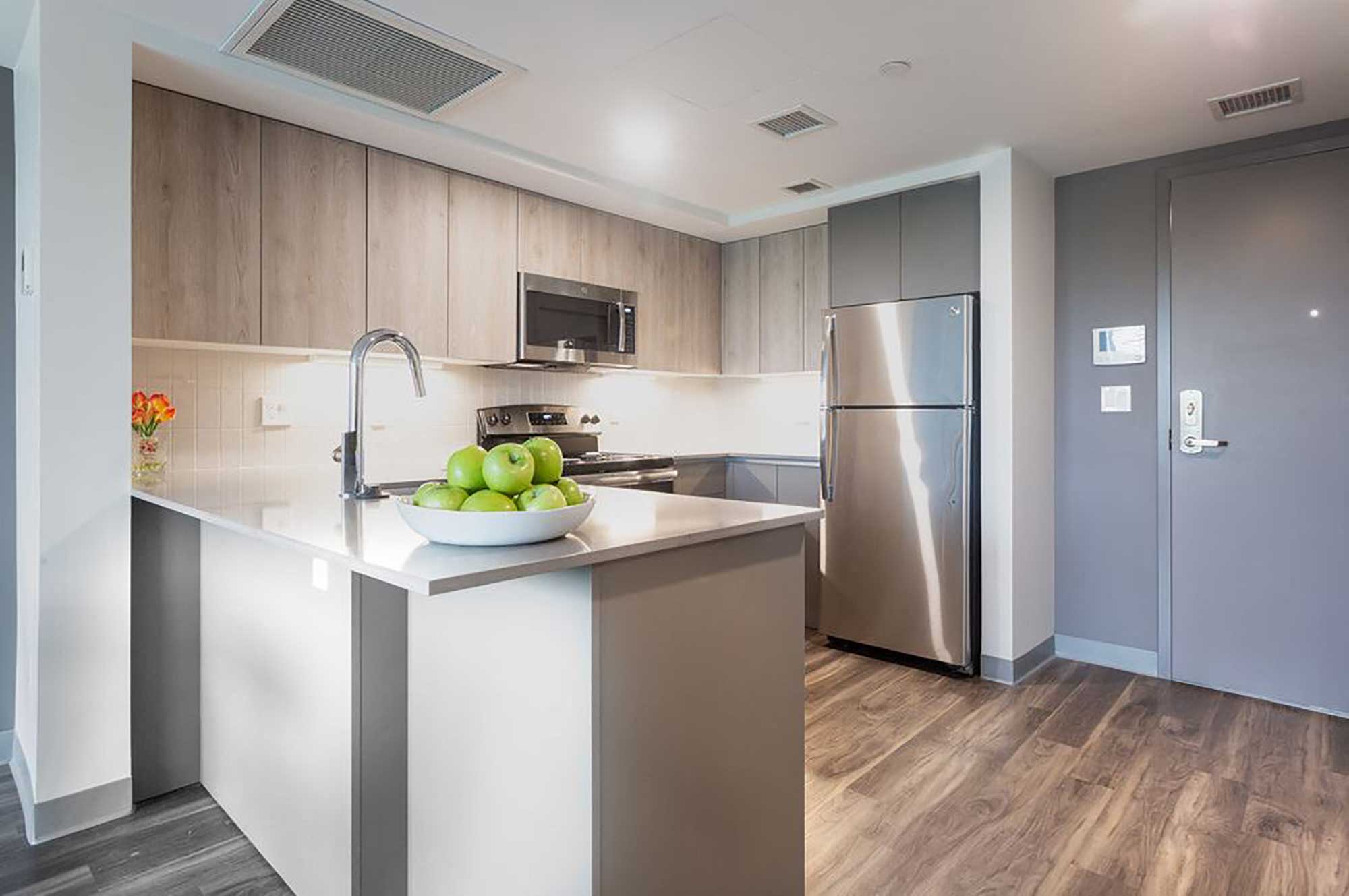 Sleek modern cabinetry, stainless steel appliances, beautiful plank flooring. Breakfast bar overlooks living space.
