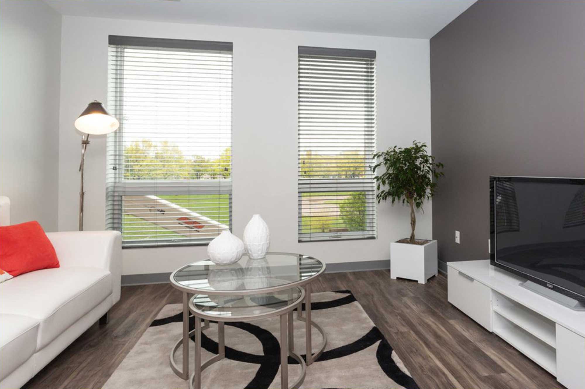 Rendering shows two-tone designer paint, large windows, and modern plank flooring.