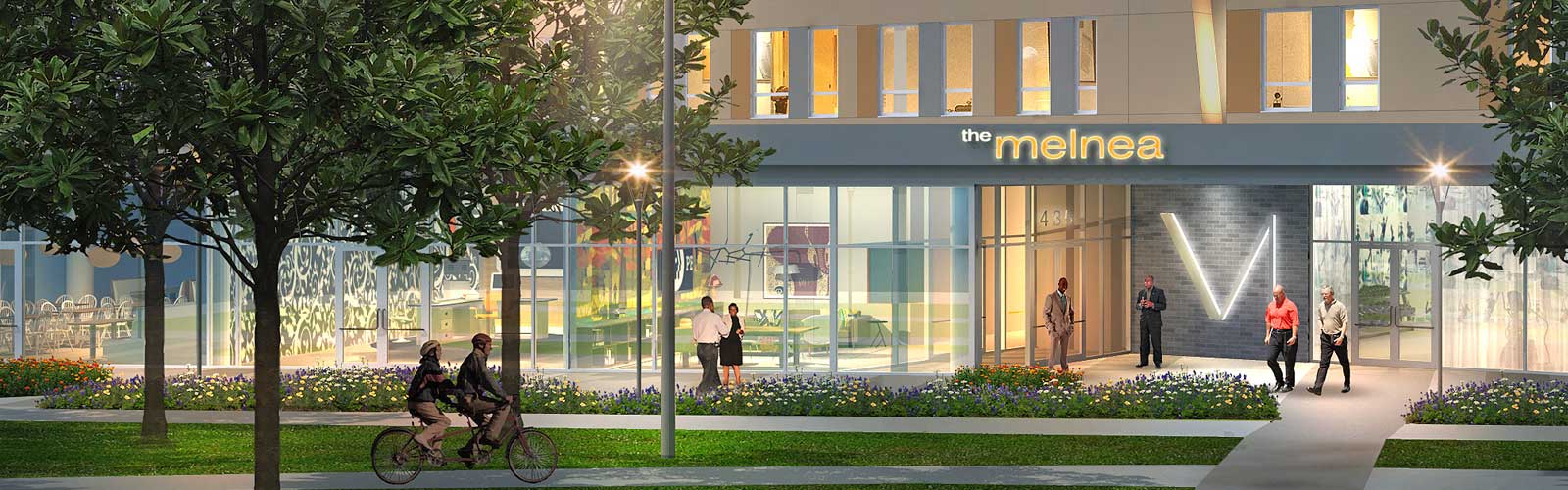 Modern building facade and professional landscaping