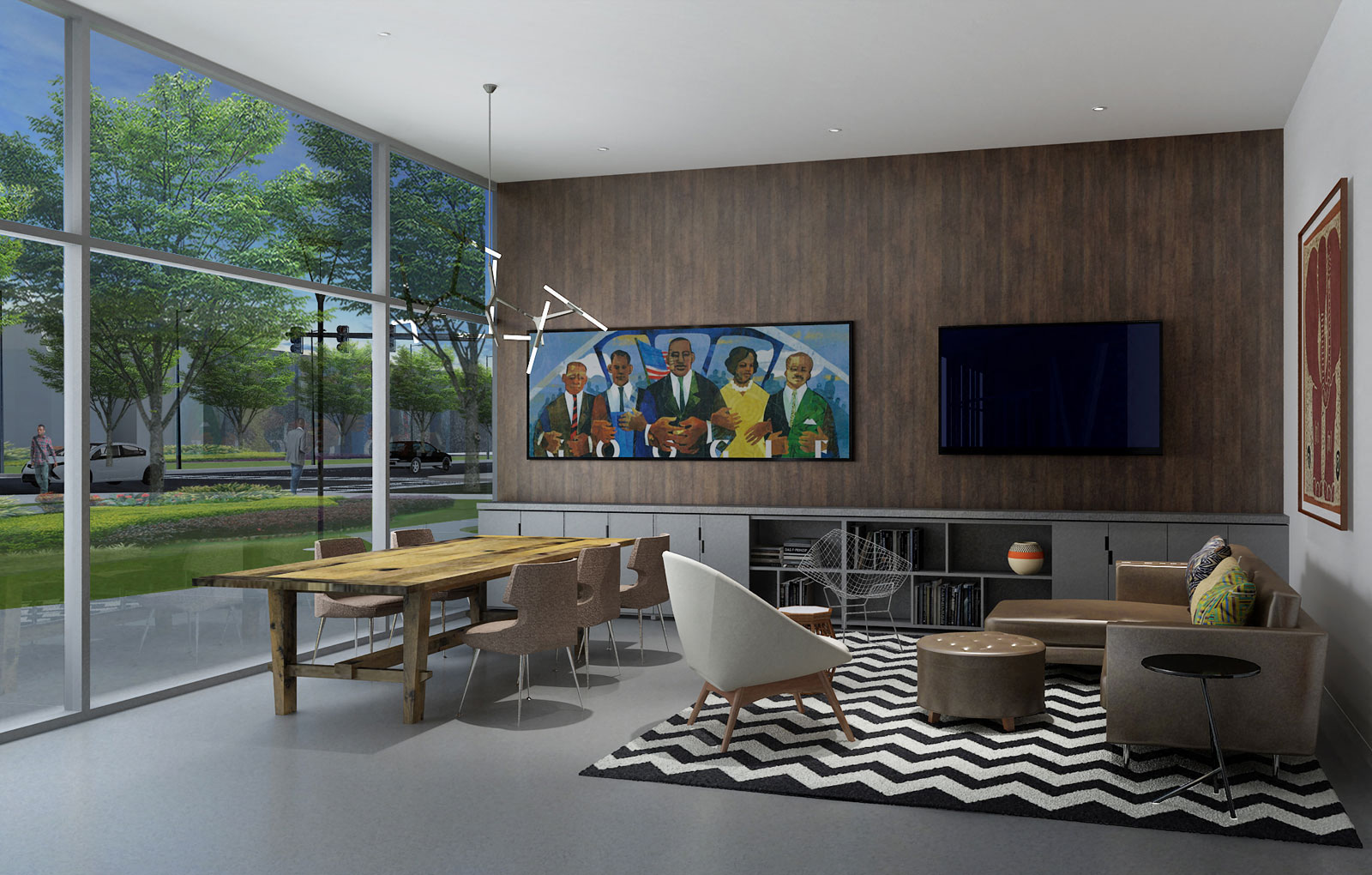 Rendering of street level community space with floor to ceiling windows