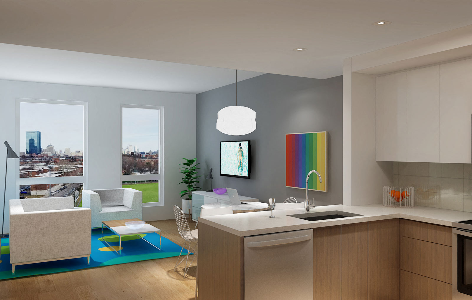 Rendering shows modern interior design and skyline views of the hancock tower.