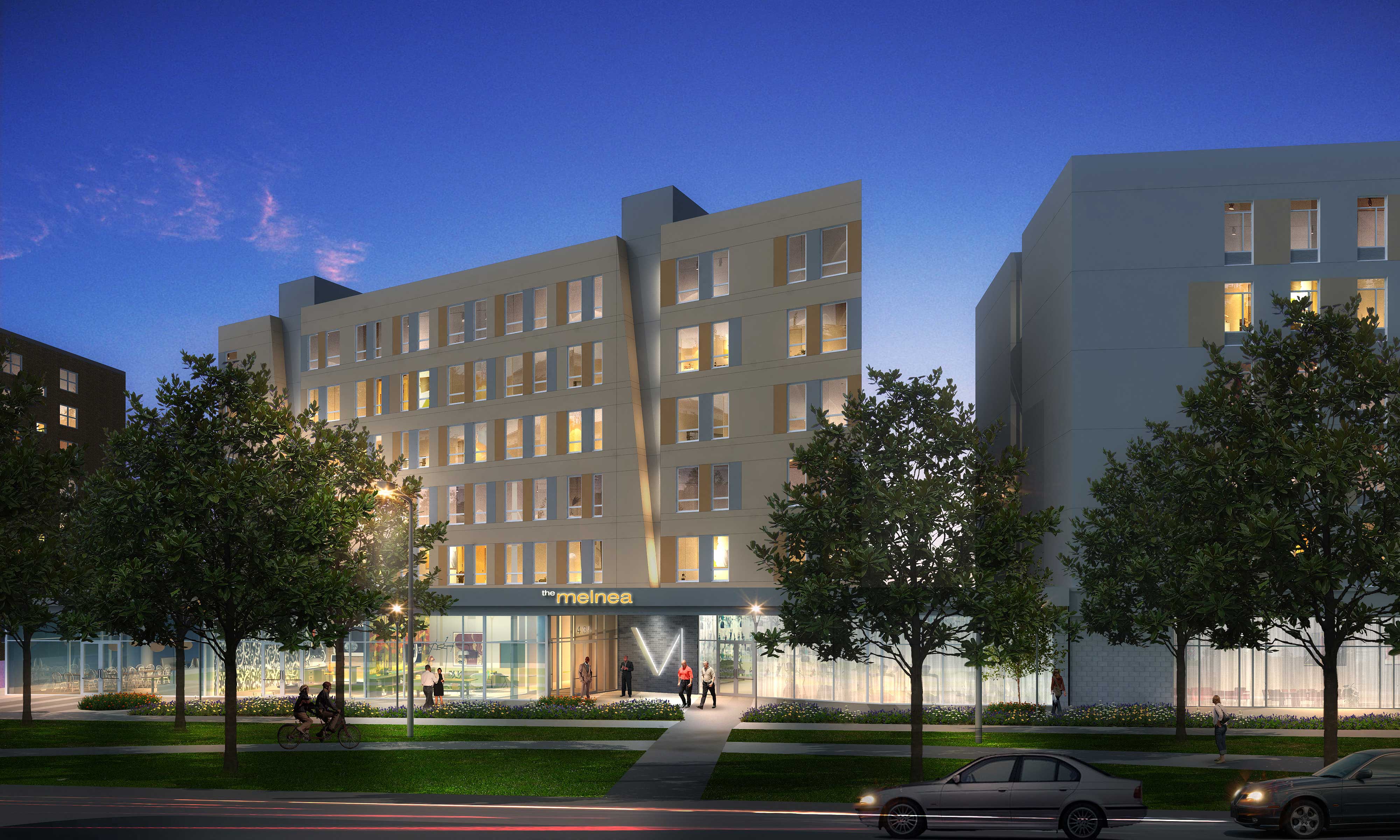 Rendering showcases the modern design of the building exterior.