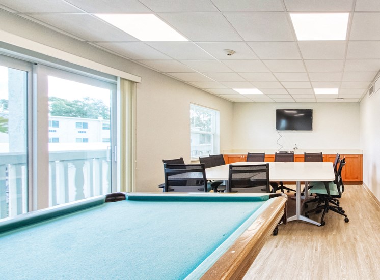 conference table and chairs with TV and pool table