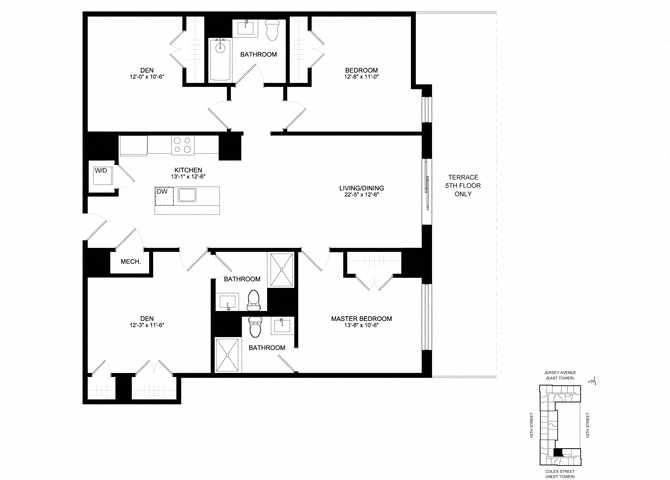 Floor plan layout diagram for SL-B12d, 2 bd+den - 3 ba