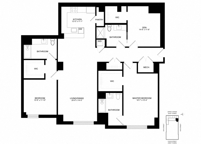 Floor plan layout diagram for SL-B13d, 2 bd+den - 3 ba