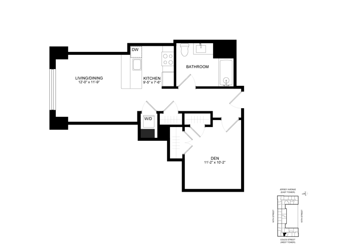 Floor plan layout diagram for SL-S01d, 0 bd+den - 1 ba