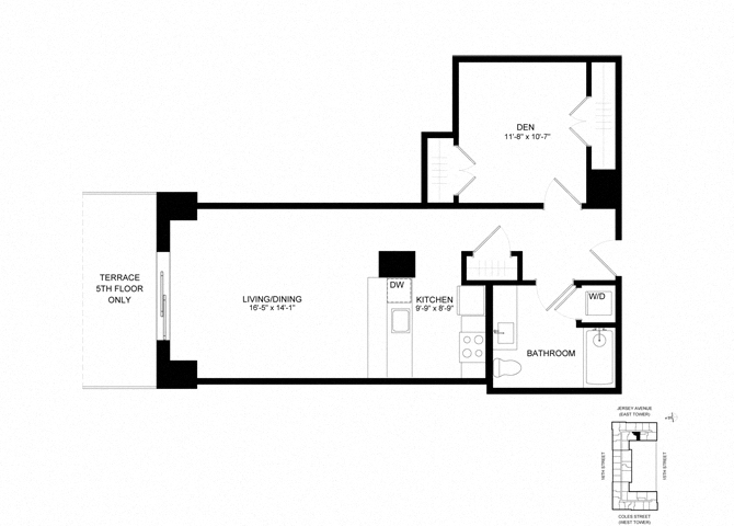 Floor plan layout diagram for SL-S02d, 0 bd+den - 1 ba
