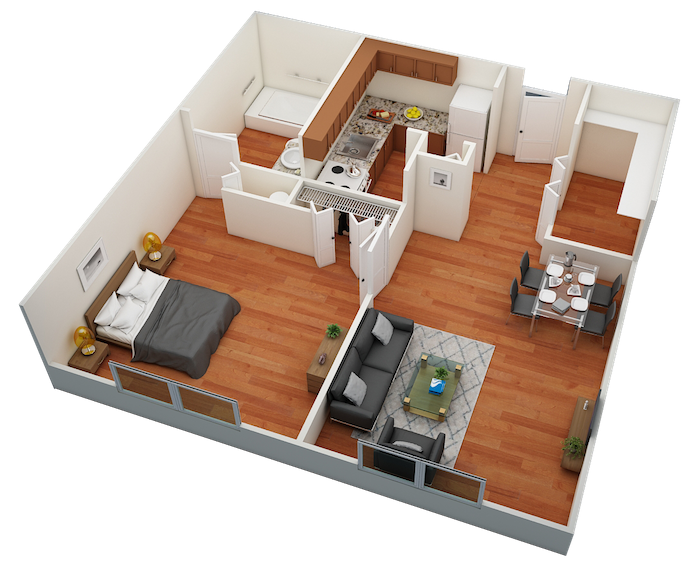 3D-1Bedroom-OC 3D one bedroom floor plan at Orlando Cloisters with model furnishings