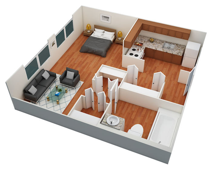 OC-3D-Efficiency 3D efficiency floor plan for Orlando Cloisters with model furnishings