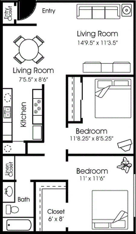 Two bedroom floor plan apartments for rent in Roseville CA