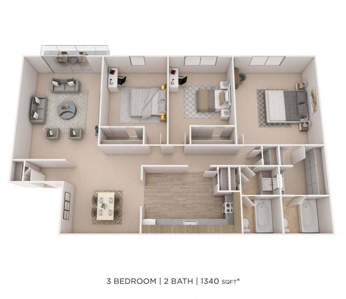 Three Bedroom 2 Bath floor plan