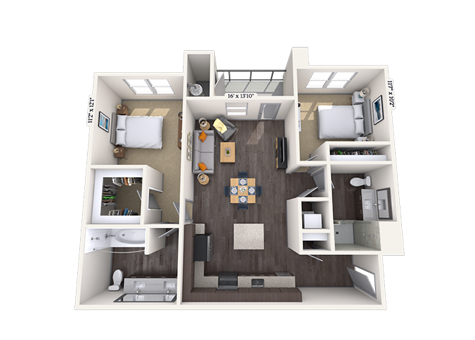 Traditional 2x2 1097 sf-fp floor plan