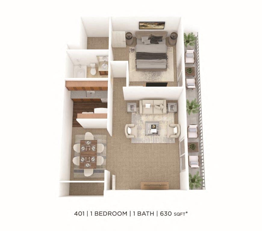 One Bedroom-630 sqft floor plan
