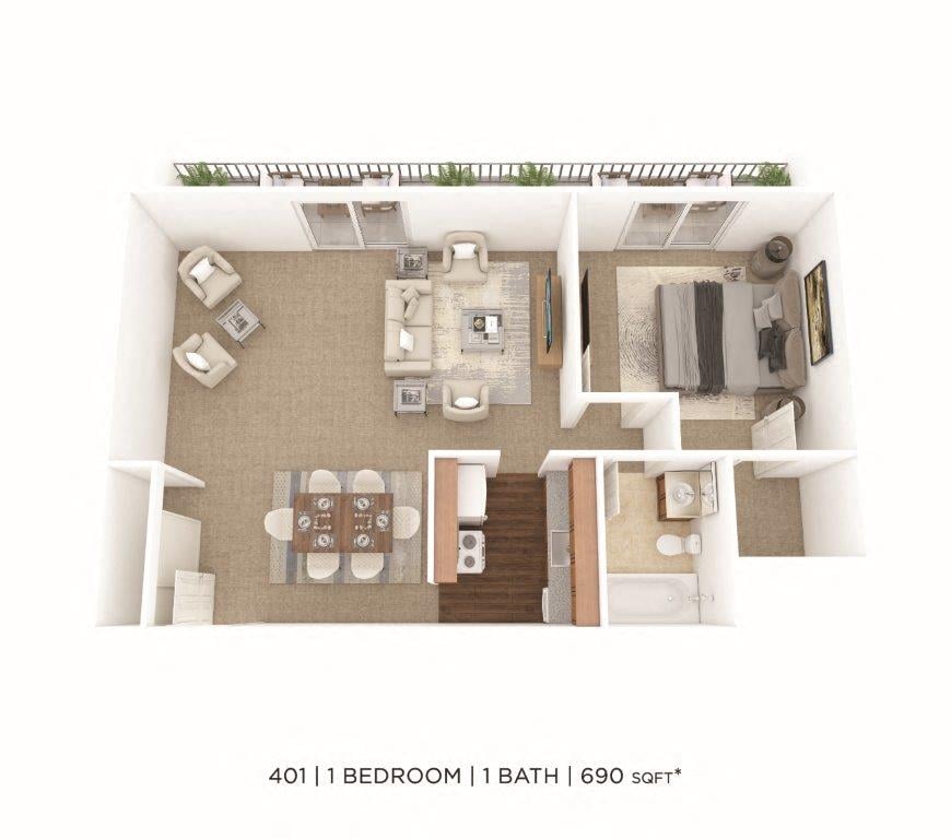 One Bedroom-690 sqft floor plan