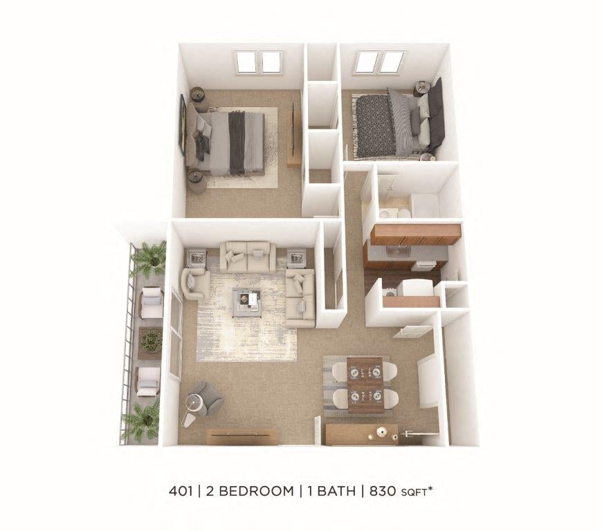 Two Bedroom- 830 sqft floor plan