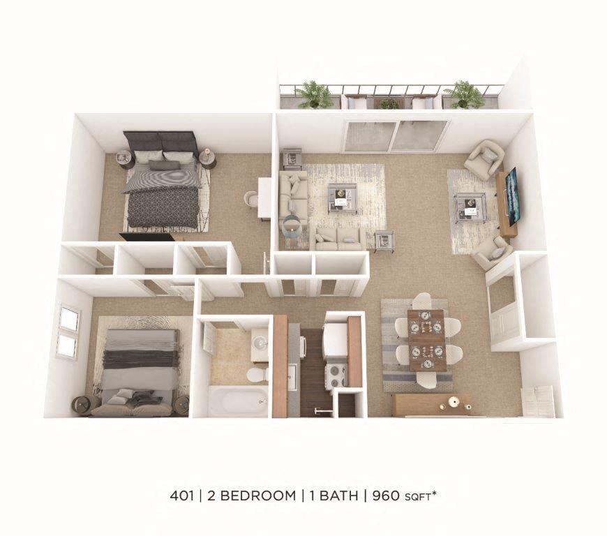 Two Bedroom- 960 sqft floor plan