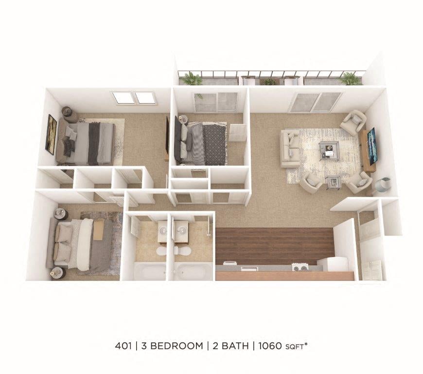 Three Bedroom 2 Bath 1,060 sqft floor plan