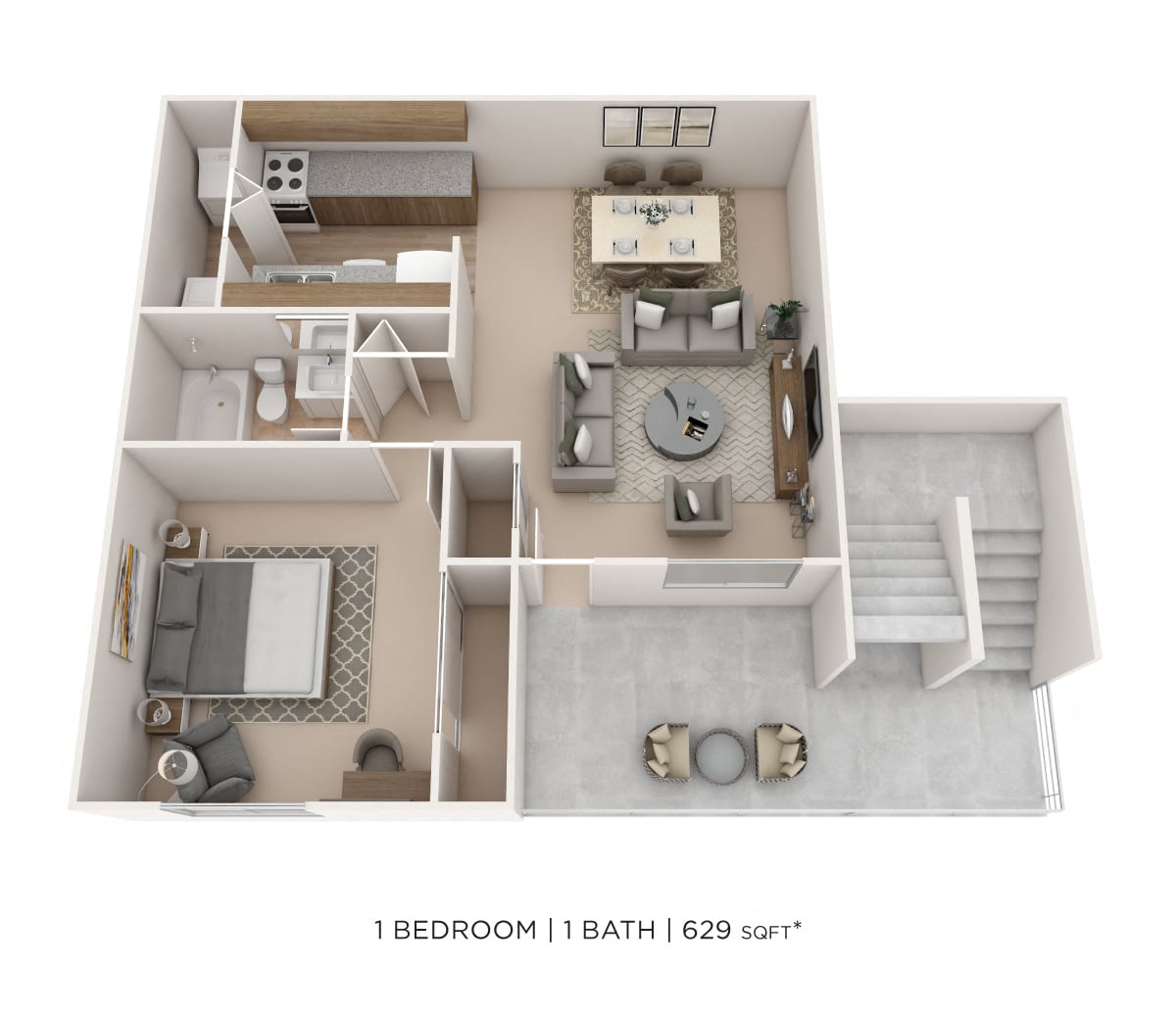 One Bedroom- 629 sqft floor plan