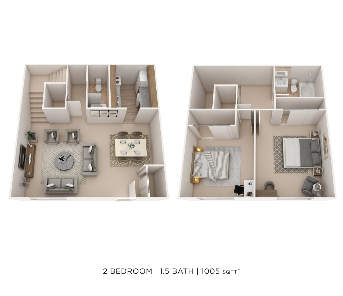 Two Bedroom 1.5 Bath Townhome 1,005 sqft floor plan