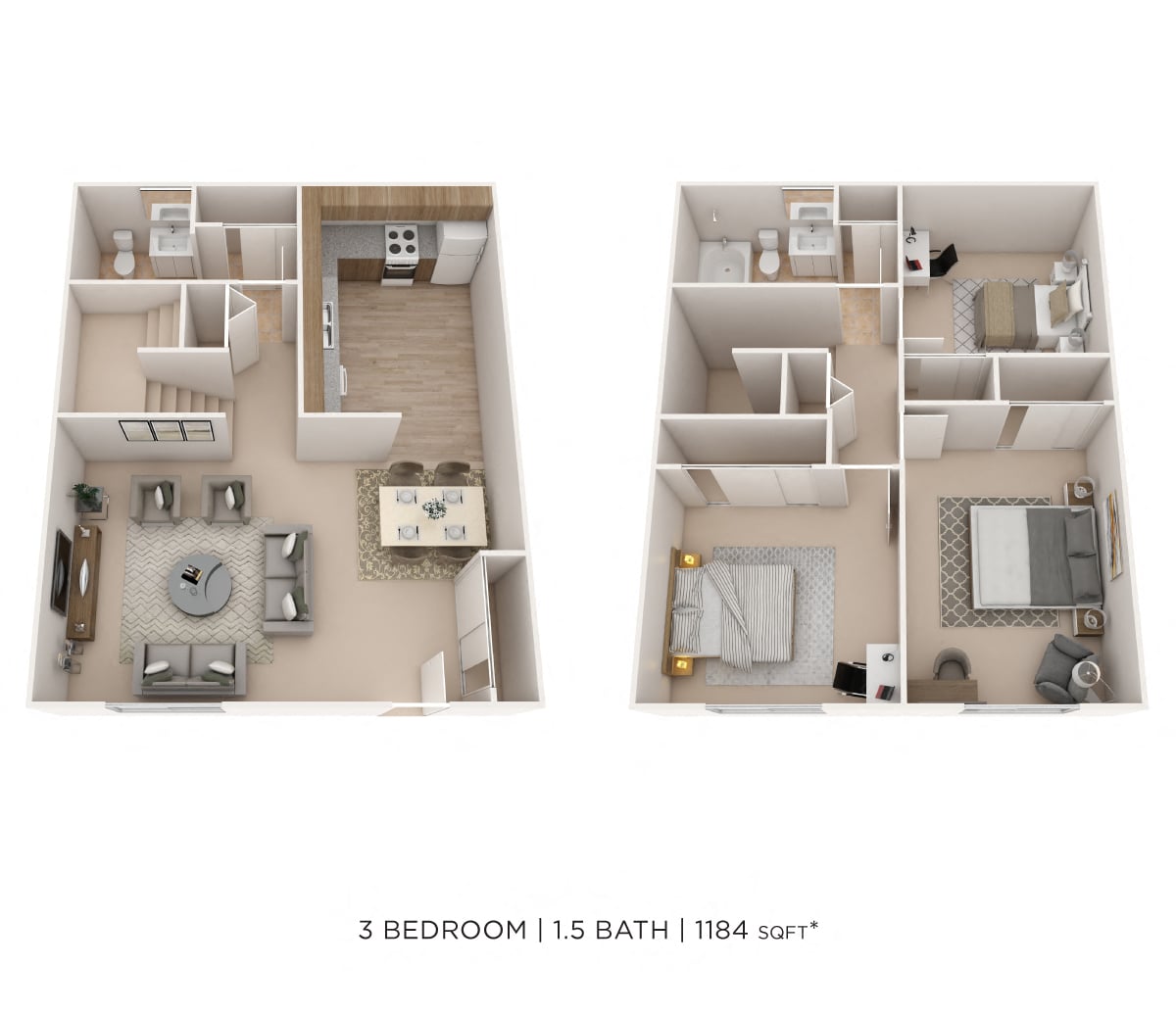 Three Bedroom 1.5 Bath Townhome 1,184 sqft floor plan