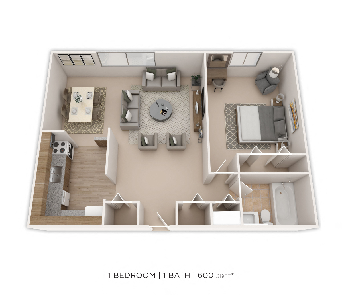 One Bedroom- 660 sqft floor plan