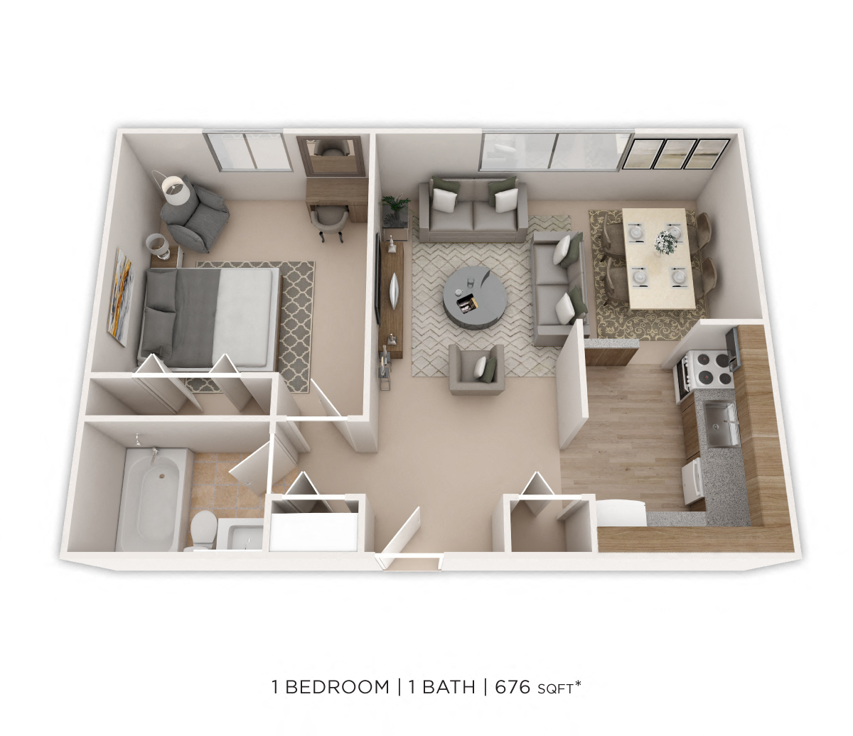 One Bedroom- 676 sqft floor plan