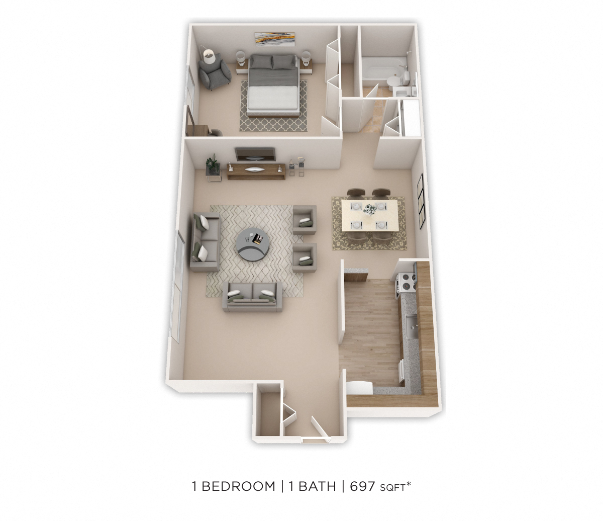 One Bedroom- 697 sqft floor plan