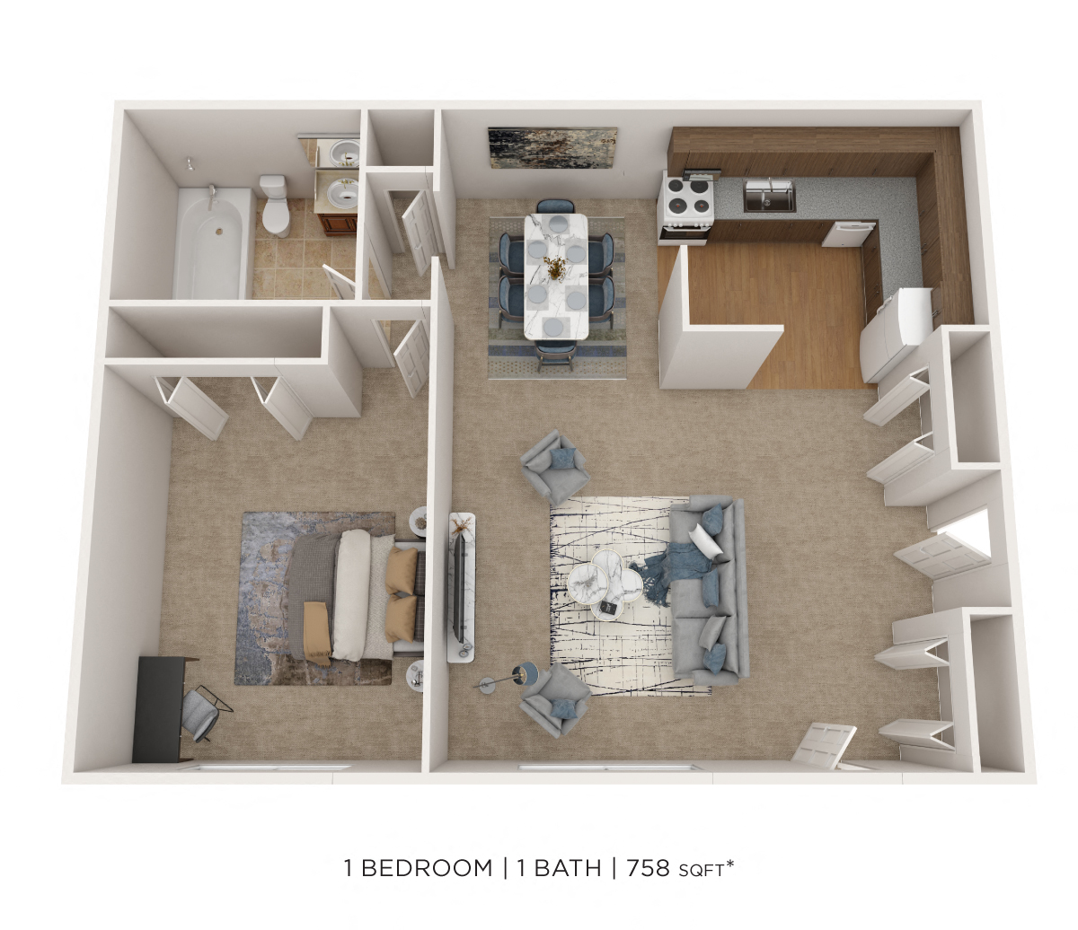 One Bedroom- 758 sqft floor plan