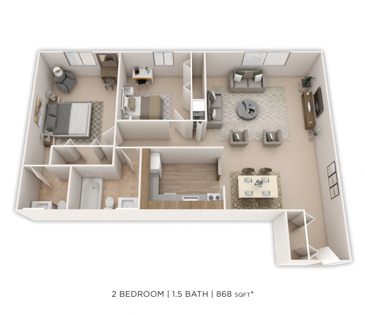 Two Bedroom 1.5 Bath- 868 sqft floor plan