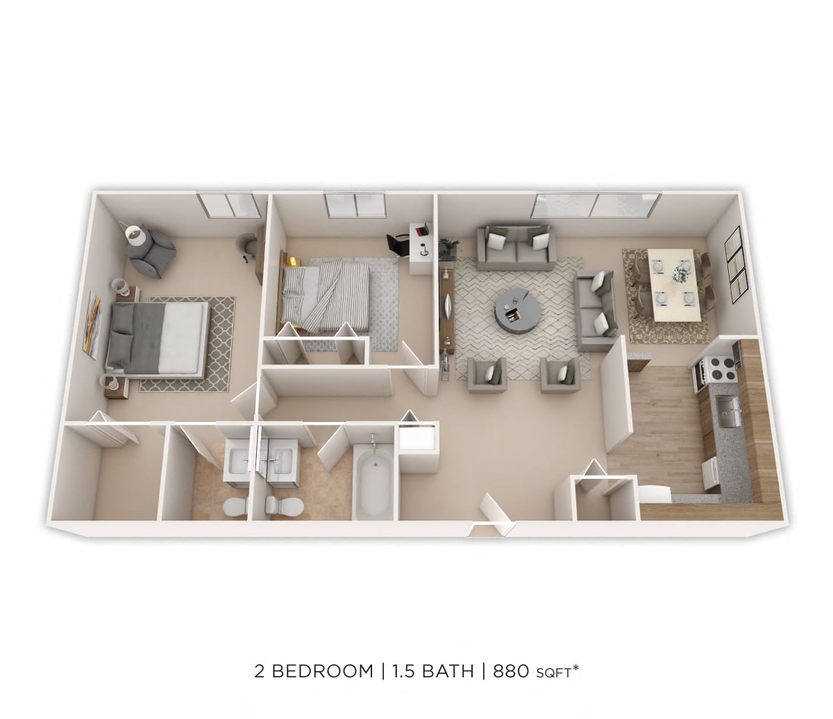 Two Bedroom 1.5 Bath-880 sqft floor plan