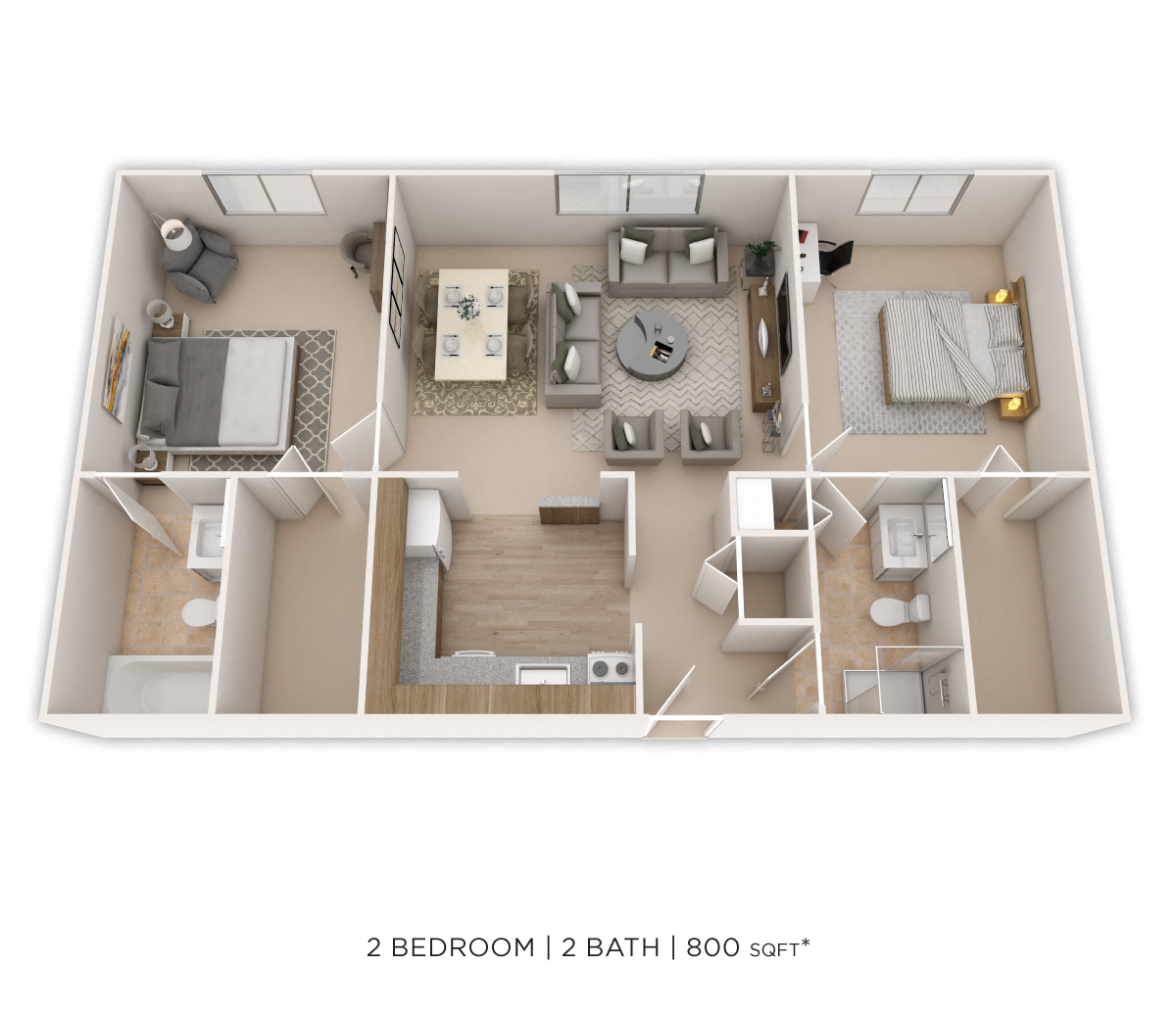 Two Bedroom 2 Bath-880 sqft floor plan