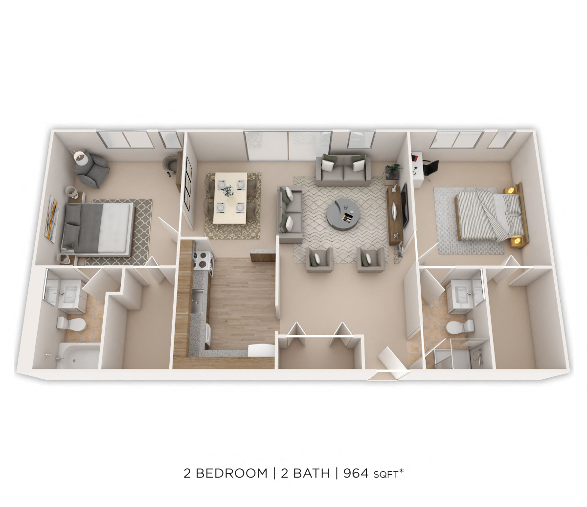 Two Bedroom 2 Bath- 964 sqft floor plan