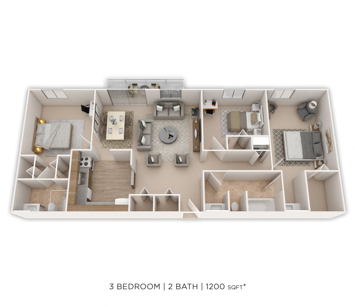 Three Bedroom 2 Bath- 1,200 sqft floor plan