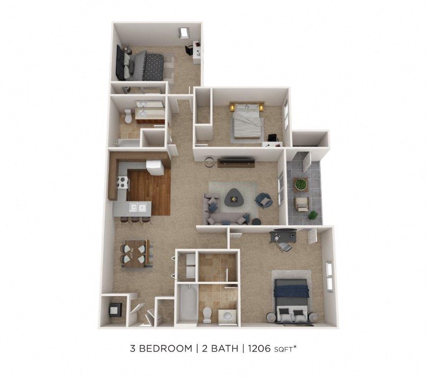 Three Bedroom 2 Bath floor plan