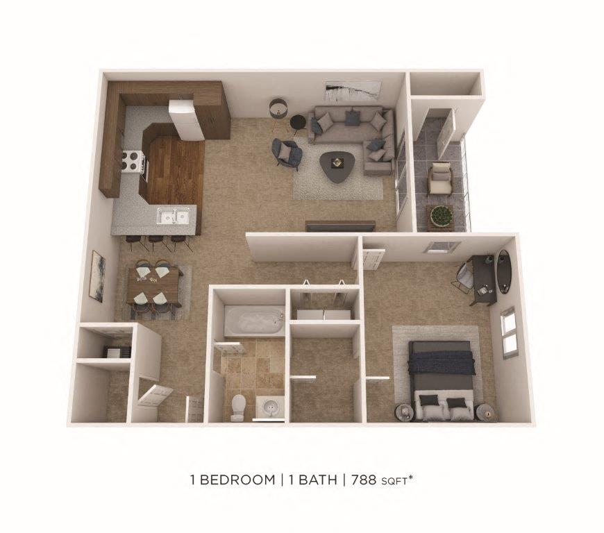 One Bedroom-788 sqft floor plan