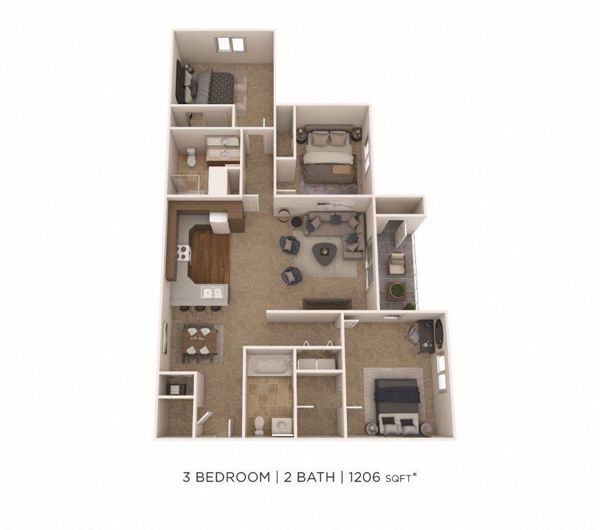Three Bedroom 2 Bath-1206 sqft floor plan