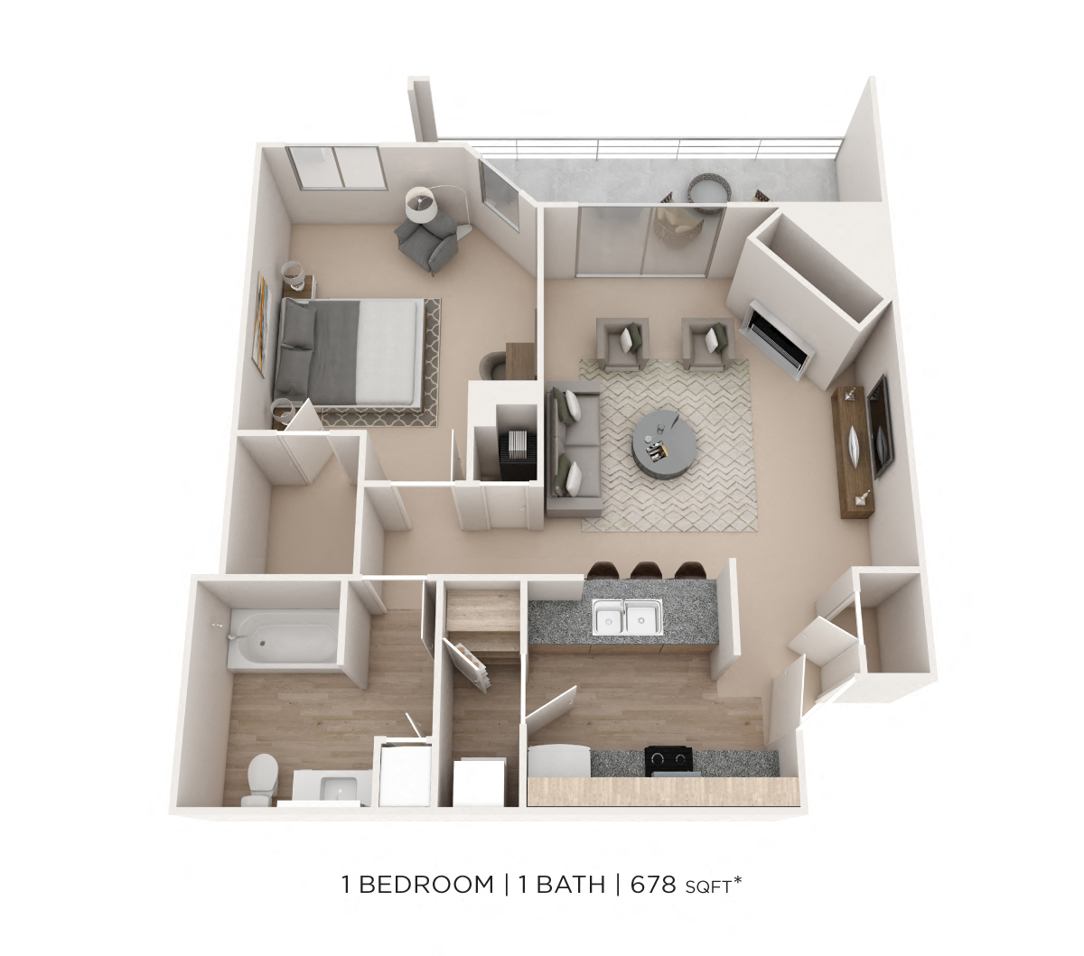 One Bedroom - 678 sqft floor plan