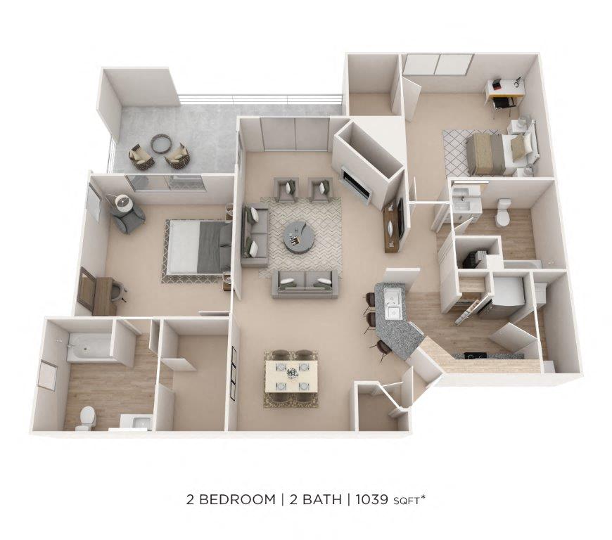Two Bedroom 2 Bath - 1,039 sqft floor plan