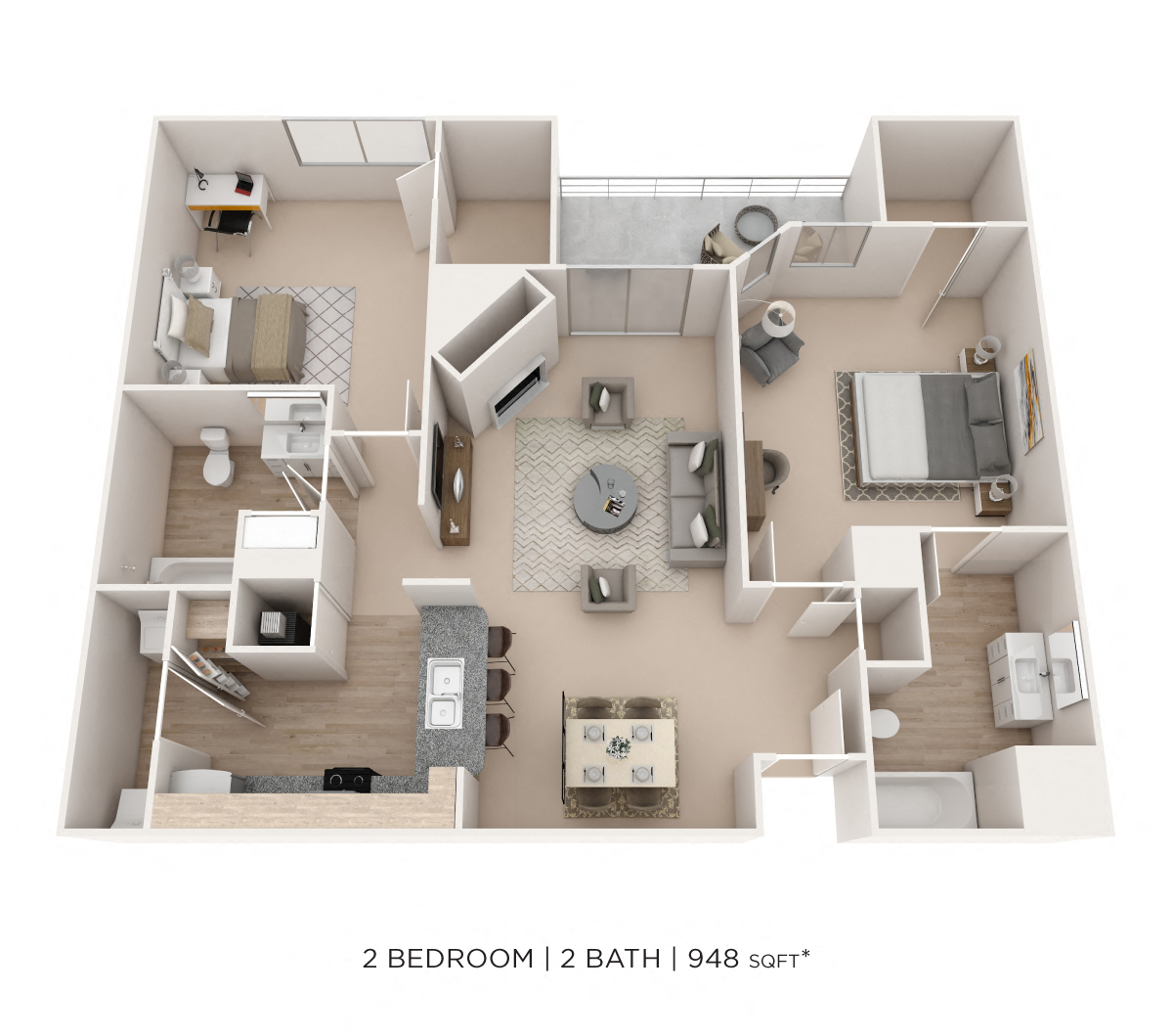 Two Bedroom 2 Bath - 948 sqft floor plan