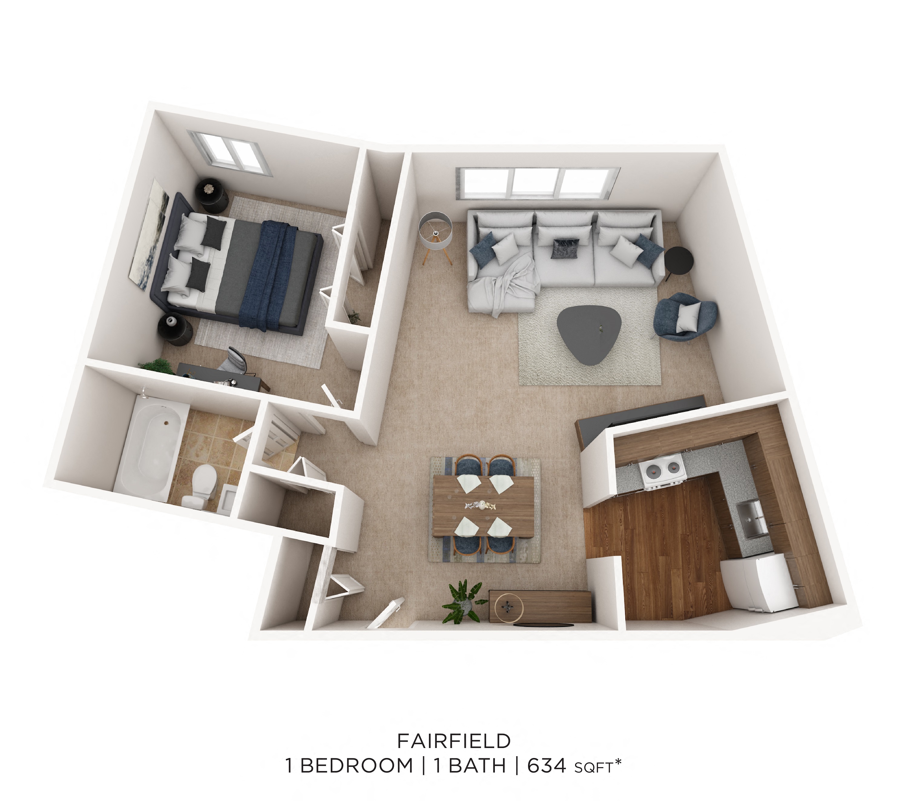One Bedroom- 634 sqft floor plan