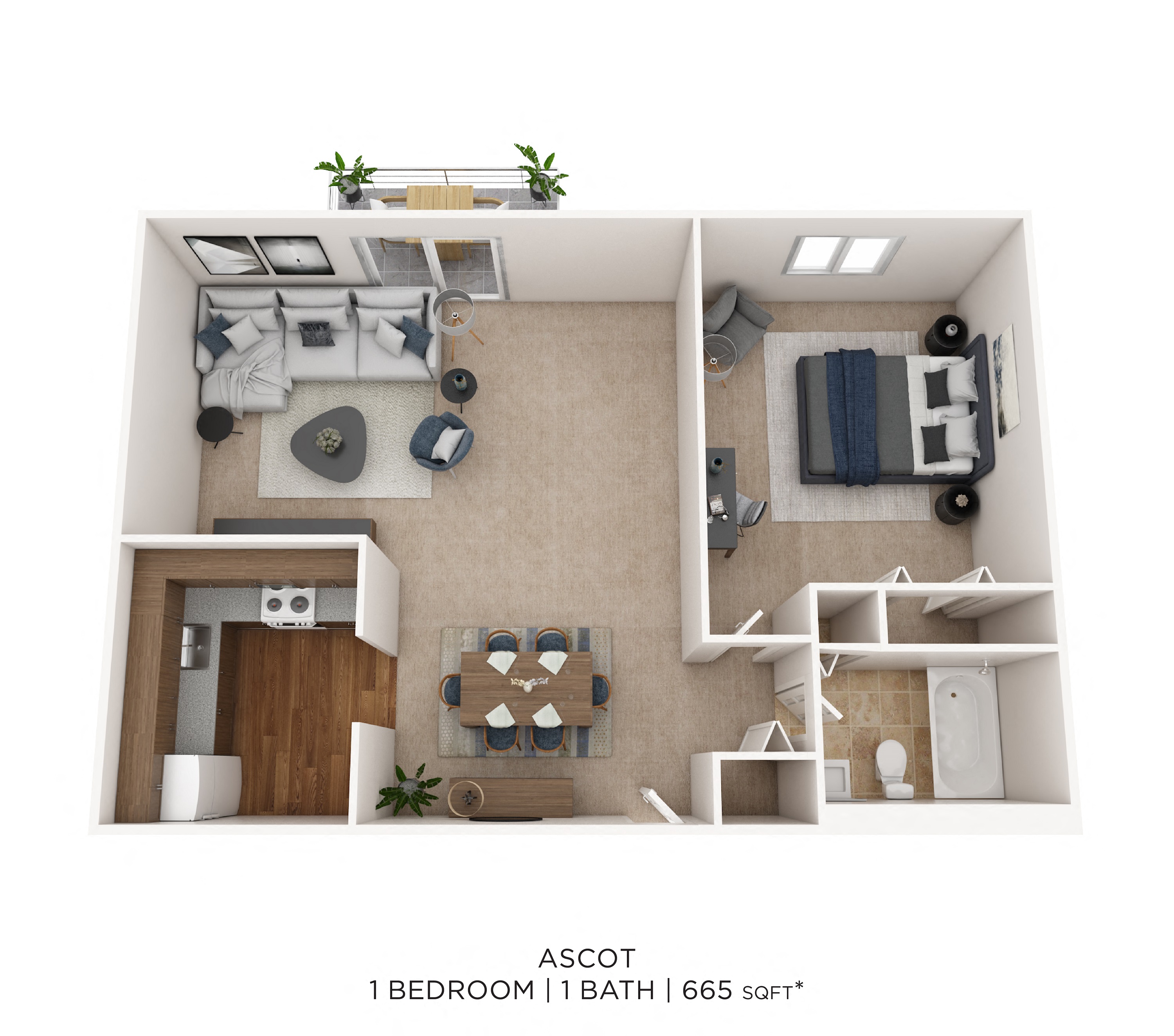 One Bedroom- 665 sqft floor plan