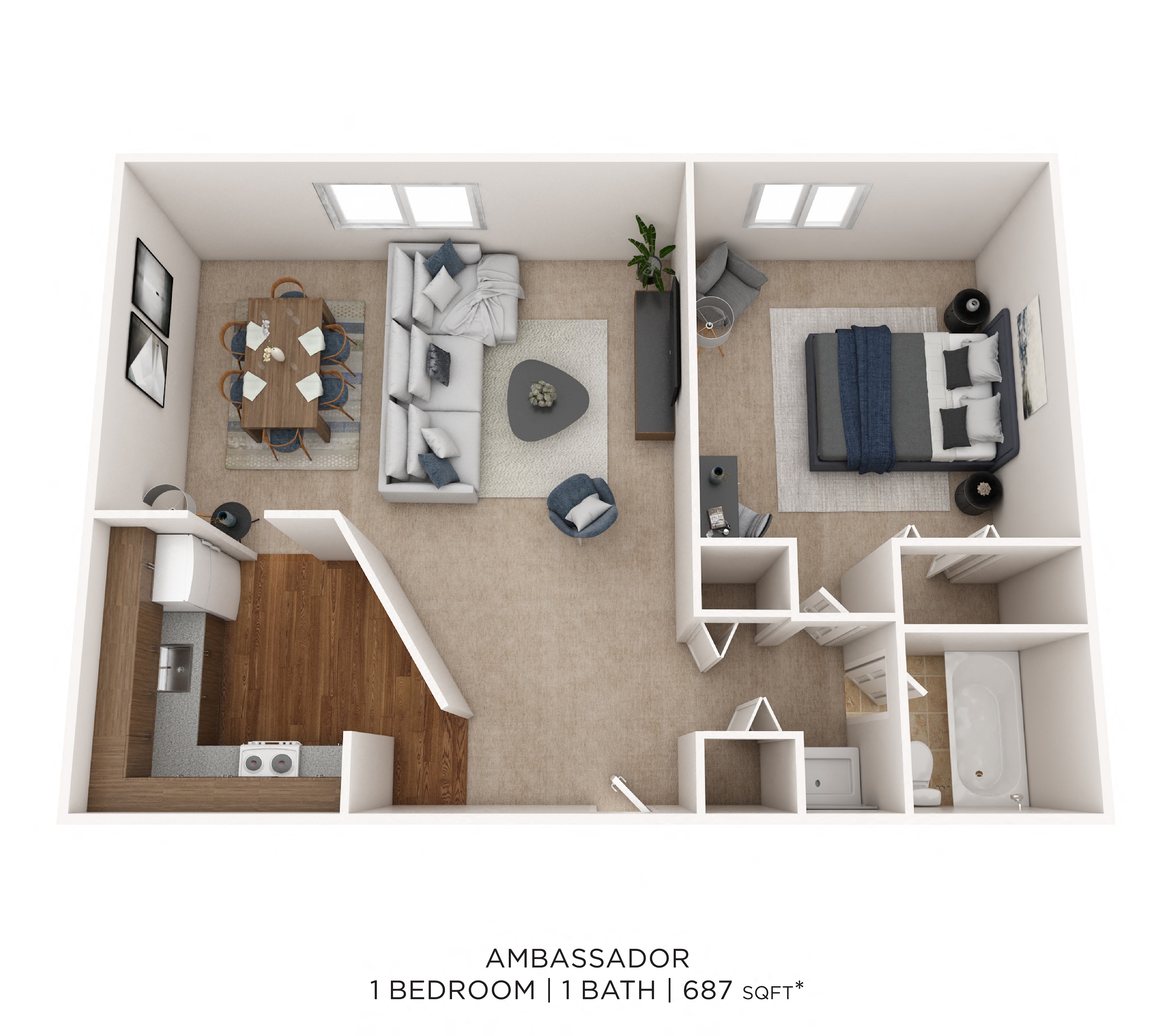 One Bedroom- 687 sqft floor plan