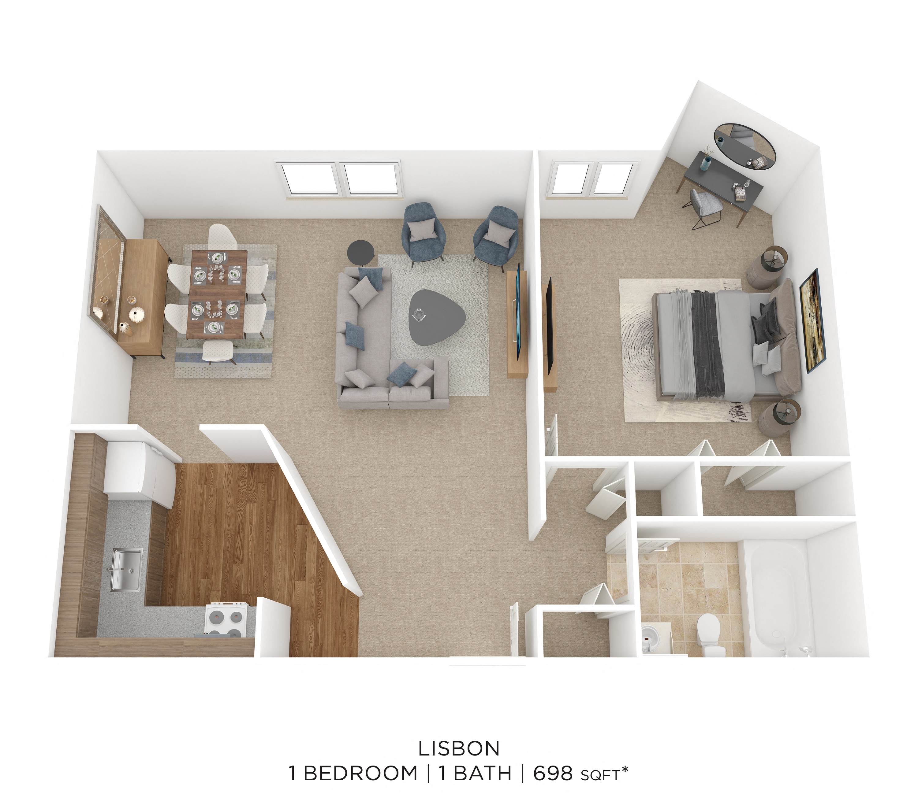 One Bedroom- 698 sqft floor plan
