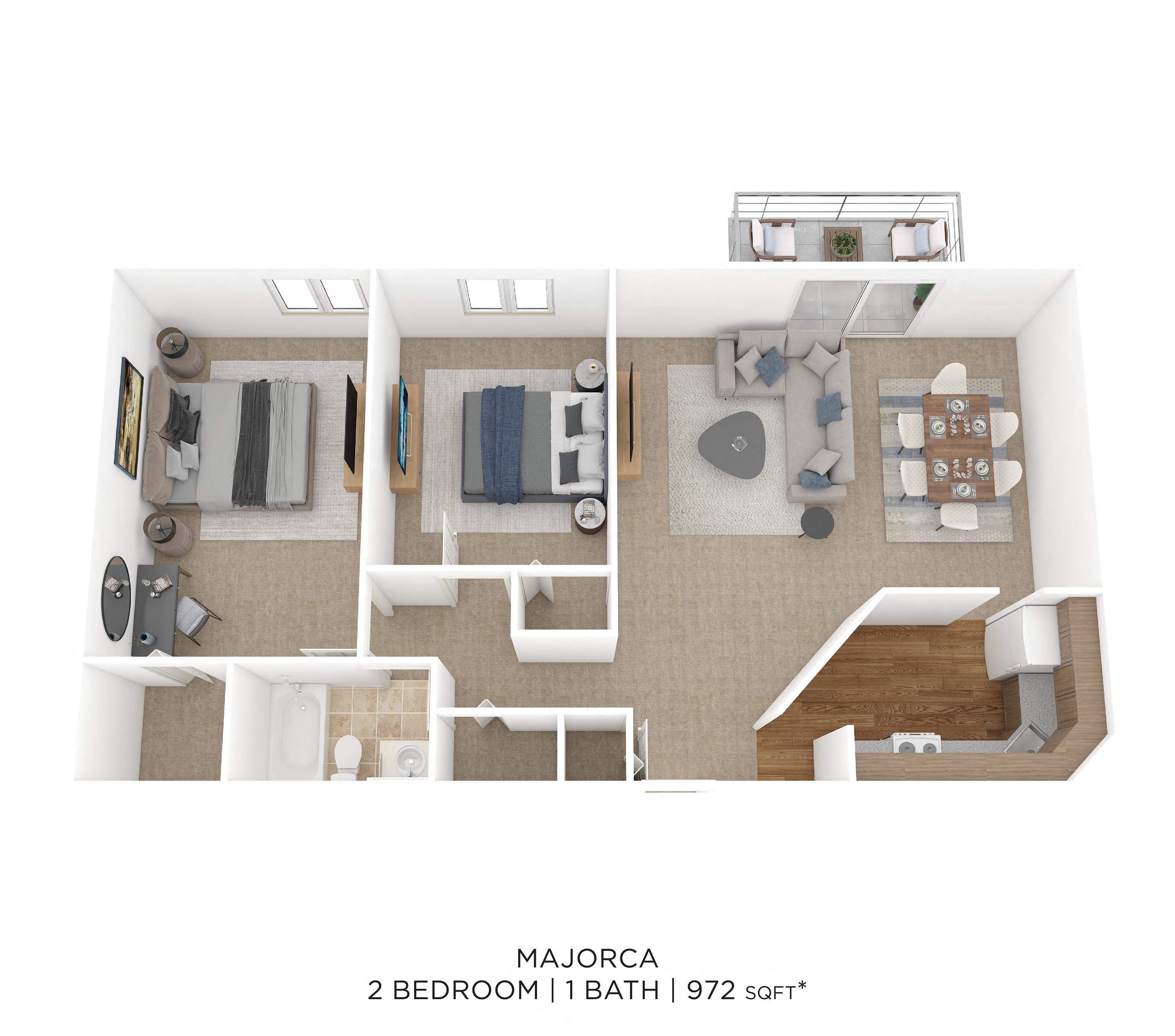 Two Bedroom- 972 sqft floor plan